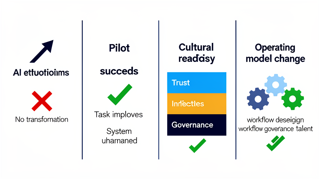 Four-column comparison: AI enthusiasm with no transformation, pilot success with unchanged systems, cultural readiness layers, and full operating-model change. McKinsey-style consulting infographic.